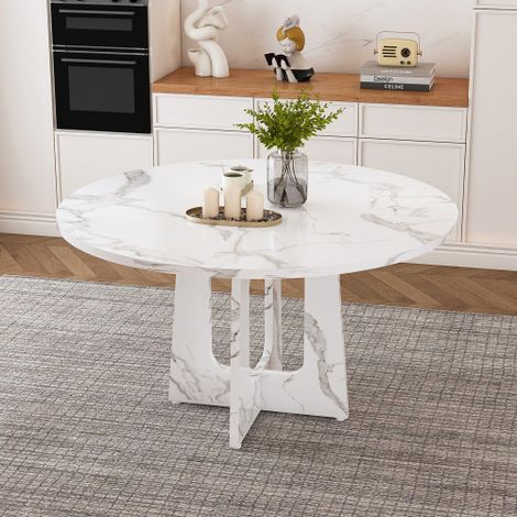 Tavolo da pranzo rotondo modulare con diametro di 120 cm e altezza di 76 cm, realizzato in MDF con impiallacciatura effetto marmo bianco, può ospitare comodamente 4 persone ed è adatto a sale da pranz (1/5)