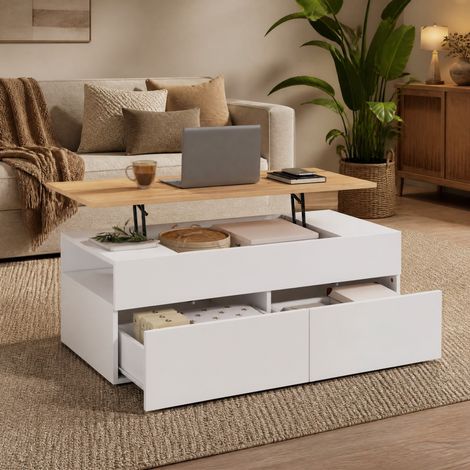 Tavolino da salotto elevabile 100x50x40 cm bianco effetto legno, con contenitore FloraGrace (1/5)