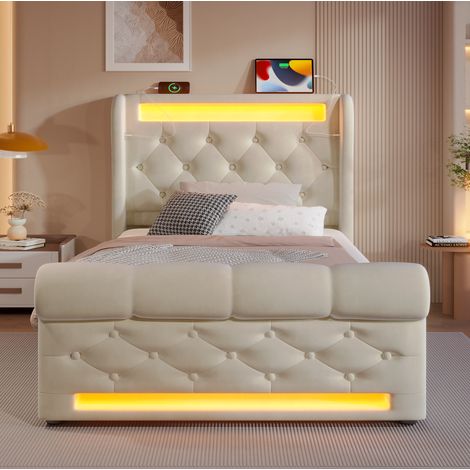 Bett mit Stauraum Samt Beige 90x200 cm, hydraulisch, mit LED, USB & Typ-C, inklusive Matratze (1/5)