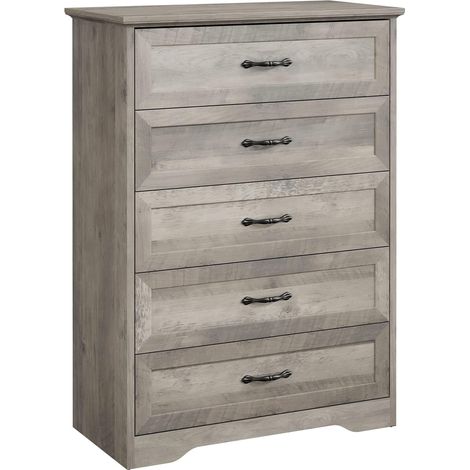 Commode Haute Grise 5 Tiroirs - Effet Chêne et Poignées Laiton Doré - Rangement Chambre et Salon (1/5)