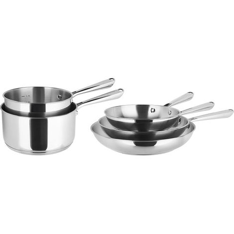Batterie de Cuisine 5 Pcs 100% INOX sans revêtement anti-adhésif cuisine saine garantie 2 casseroles Ø18,20 cm 3 poêles Ø20,24,28 cm Manche inox riveté Tous feux dont Induction (1/4)