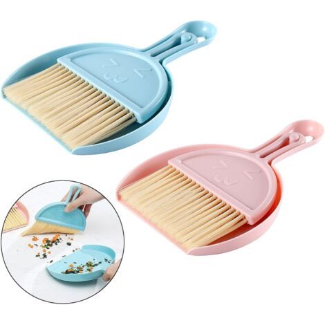 2 PCS Ensemble mini pelle et balayette, petit balai et pelle à poussière, ensemble de brosse portable pour dessus de table, outils de nettoyage avec poils doux(bleu+rose) (1/5)
