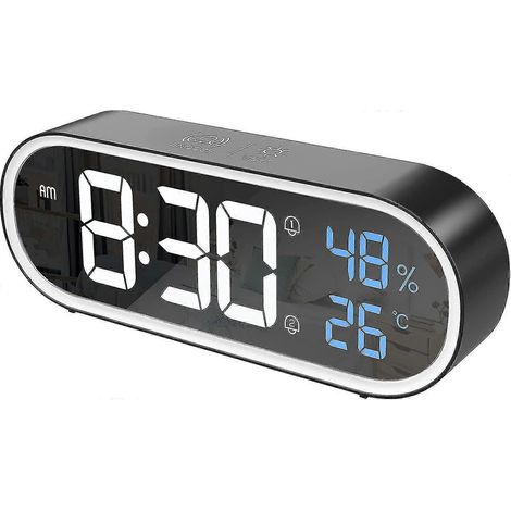 Réveil numérique miroir, horloge numérique LED, grand affichage de l'heure, de la température et de l'humidité, 40 sonneries, chargement USB, réveil noir PXCL (1/5)