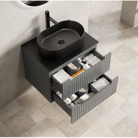 Mobile lavabo sospeso 60x46x48 cm nero in ceramica, 2 cassetti per bagno – MEUBLIV (1/5)