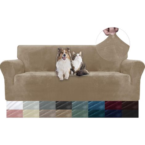 1-Seater Velvet Sofa Cover, Stretchable, Universal Sofa Cover with Armrests, Scratch Protection, Non-Slip, Washable,Camel 1 Place 78-118 CM (1/5)