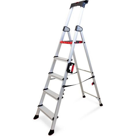 Échelle pliable 5 marches en aluminium – Poignée de transport – Porte-outils dépliable – Patins antidérapants pour sécurité accrue – Keli (1/5)