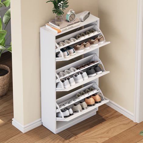 Meuble à Chaussures avec 3 Abattants et Miroir Rond, Rangement Vertical, en MDF, 63×24×120 cm, Blanc (1/5)