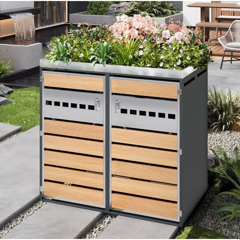 Ocultacubos exterior doble con jardinera, acero galvanizado, gris efecto madera DESVIAE (1/5)
