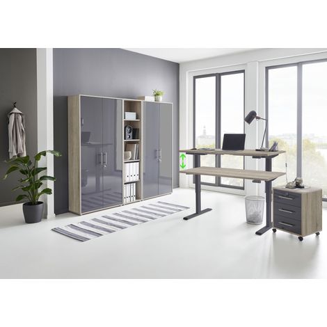 BMG Möbel Büromöbel komplett Set mit elektrisch höhenverstellbaren Schreibtisch Arbeitszimmer e-Dition in Eiche Sonoma/ anthrazit Hochglanz lackiert/ Gestell anthrazit