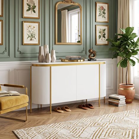 Creahappy Buffet Enfilade 140x38x80 cm - Rangement Optimisé Salon - Design Soigné Ovale Blanc et Doré 4 Portes Canelées Pieds Métal (1/5)