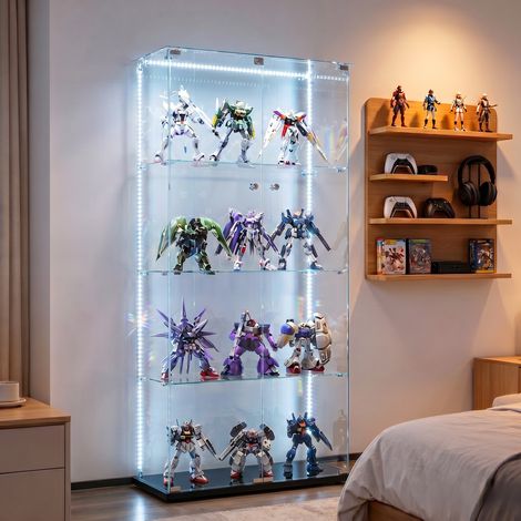 Vitrina de cuatro niveles con puertas dobles, iluminación LED, cristal templado blanco, diseño moderno, armario de almacenamiento transparente, negro. (1/5)