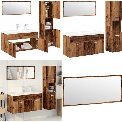 Juego de muebles de baño 4 piezas madera ingeniería envejecida - Armario de baño - Espejo de baño