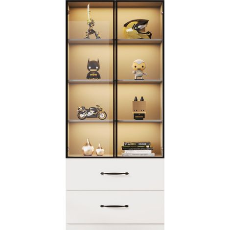 CHICFURN Vetrina LED in vetro bianca 60 x 40 x 160 cm, telaio in alluminio, 2 cassetti