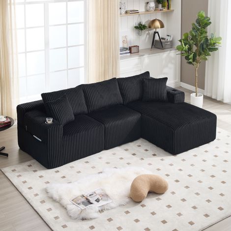 Set de canapé modulaire avec chaise longue et 2 places, cordon doux, avec 5 coussins, poches latérales et porte-boissons, mousse haute densité, combinaison bricolage, idéal pour salon, Appartement & S