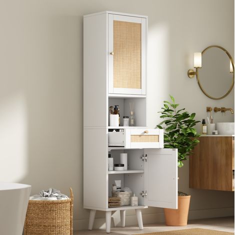 Armario alto de baño 40x30x166 cm, con cajón, puertas reversibles, cierre magnético, MDF blanco (1/5)