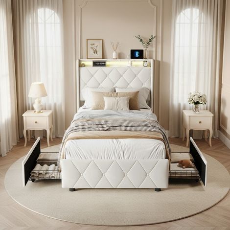 Letto singolo 90x200 cm con LED e porta USB, 2 cassetti contenitore, letto per ragazzi in tessuto di lino, rete a doghe inclusa - Beige