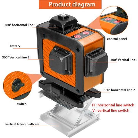 Niveau laser multifonctionnel à 16 lignes avec fonction d'auto-nivellement à 3°, outil de nivellement omnidirectionnel, ligne adhésive pour sol et mur, trépied réglable en hauteur jusqu'à 1,5 m. (1/5)