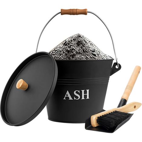 Seau à Cendres avec Couvercle 5 litres, Brosse de Nettoyage, Pelle, Accessoires pour cheminées, foyers et cuisinières à Bois, cendrier Polyvalent, Seau à Charbon Noir Seau à cheminée (1/5)