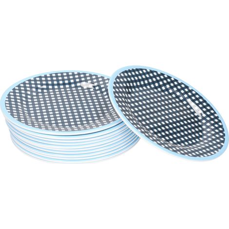 Lot de 12 assiettes à salade en porcelaine imitation haut de gamme, motif quadrillé bleu foncé, pour un usage domestique. (1/5)