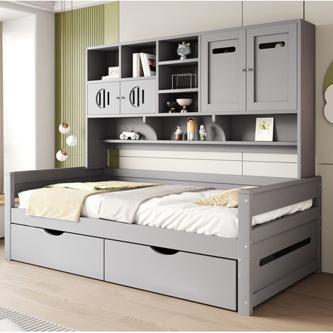 MEUBLIV Lit 90x200 cm gris – avec rangement et 2 tiroirs, sans matelas (1/5)