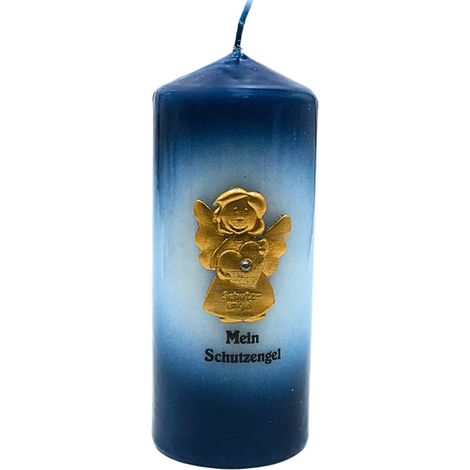 Bougie ange gardien, bougie pilier, bougie de table, bougie décorative, bougie de baptême, bougie avec ange gardien doré et inscription « Mein Schutzengel », en bleu, H x Ø : 15 x 6 cm. (1/5)