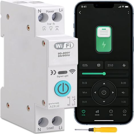 Connecté Disjoncteur IP+N sur rail DIN avec relais WiFi, disjoncteur, minuterie, compteur d'énergie.Kit 1P 63A compatible pour Assistant. (1/5)