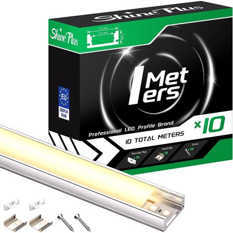 Shine Plus Profilé Aluminium LED Rail avec Diffuseur Goulotte et Profile Alu pour Ruban LED Profilé en U pour Installation Facile Support LED (U-form, 10×1 Meter) (1/5)