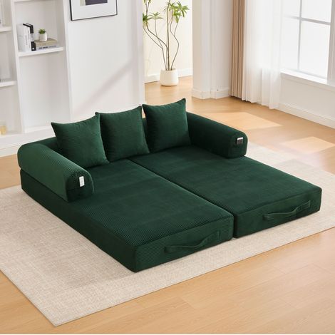 Canapé modulaire en velours côtelé vert émeraude, cadre en métal, 3 coussins et poche latérale, configuration flexible pour salon et petits espaces – CHICFURN (1/5)