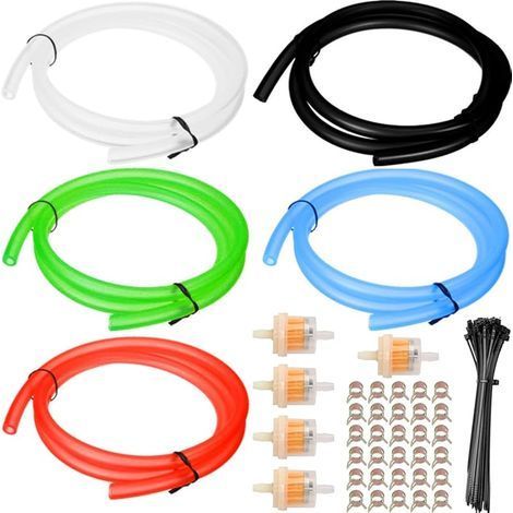 Tuyau de Carburant Essence (5 pièces 1 mètre) Conduite de Carburant en Caoutchouc pour Moto, tronçonneuses, tondeuses (Noir/Rouge/Bleu/Vert/Transparent), avec filtres à Carburant, Pinces (1/5)