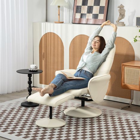 Sillón de masaje con reposapiés, silla ergonómica con 10 puntos de vibración, polipiel, 76 x 81 x 105 cm, blanco crema. (1/5)