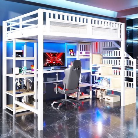 Bett Hochbett mit Schreibtisch LED 140x200 HAVRYA (1/5)