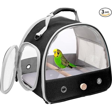 Cage de transport pour petits oiseaux, cage à oiseaux portable pour perroquet, perruche, perruche ondulée, calopsitte avec tapis souple et perchoir sur support en bois (noir)