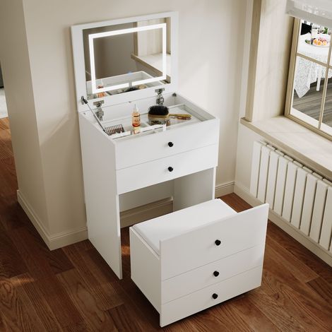 ELEGANT Dressing Table with LED Lights and Flip-up Mirror, Multi-purpose Dressing Table Set for Bedroom Furniture, Including White Cushioned Storage Stool
