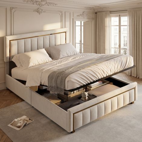 Lit coffre 140x190 cm avec sommier, lit double avec rangement hydraulique, Velours beige, lit capitonnée avec liseré doré – Design moderne (1/5)