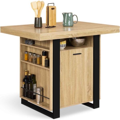 Idmarket – Îlot central bois noir 110 x 80 cm – Table haute avec rangements – Pour 6 personnes – Style industriel moderne