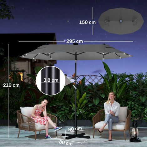 Parasol double avec pied en croix et éclairage solaire, 295 x 150 x 219 cm, gris (1/5)