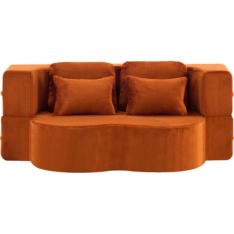 Canapé-lit au sol moderne orange avec 4 coussins en flanelle, mousse haute densité, sans assemblage (1/5)