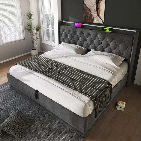 Lit rembourré 180x200 cm gris en lin, LED 360°, coffre hydraulique, tête de lit USB-C (1/5)