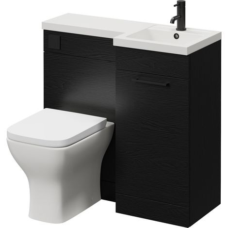 Napoli 390 Nero Oak 900mm Single Door Vanity Unit Toilet Suite with Right Hand Square Lucia Basin - 900mm - Matt Black 160mm HandleWith Kingston Toilet Pan and Seat