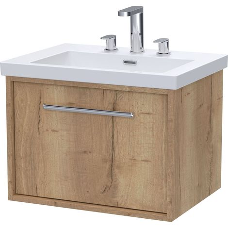 Sturbridge Contemporary 1 Drawer Wall Hung Vanity Unit with 3 Tap Hole Fireclay Basin , 600mm, Autumn Oak