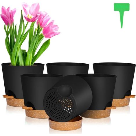 Lot de Pot de Fleur en Plastique, 6pcs Pots de Fleurs Auto-Arrosant, Pots de Plantes avec Trous De Drainage et Soucoupes Amovible pour d'Intérieur et d'Extérieur Jardins de Balcon -Noir 16,5cm (1/5)