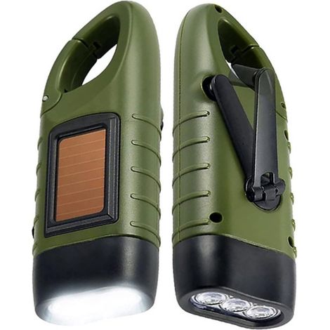 Lot de 2 lampes de poche rechargeables – Vert foncé – LED – Dynamo et solaire – Camping et urgence (1/5)