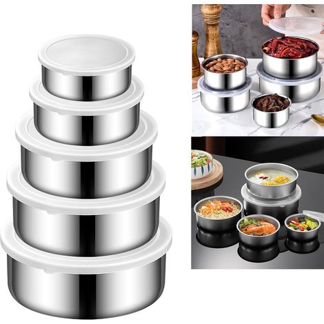 Bol Inox Cuisine Jeu de 5 Bols, Saladier Inox Rond, avec Couvercle en Silicone, 0.25l, 0.45, 0.7l, 1l, 1.4l (A) (1/5)