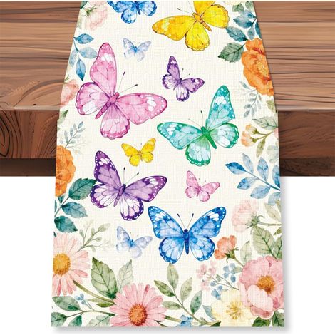 CCYKXAChemin de Table Aquarelle Fleuri et Papillon,33x183cm Chemin de Table Fleuri et Coloré Décoration de Cuisine Printemps L'Été Maison pour Cuisine Fêtes (1/5)