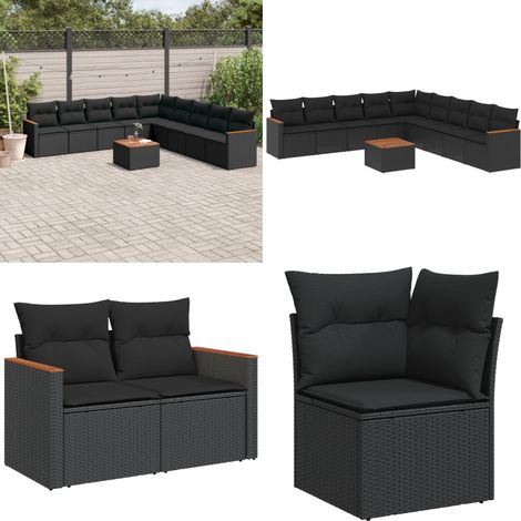 Salon de jardin 10 pcs avec coussins noir résine tressée - Ensemble Salon De Jardin - Mobilier Extérieur - Jardin Design - Chaise Lounge - Set De Jardin - Home & Living (1/5)