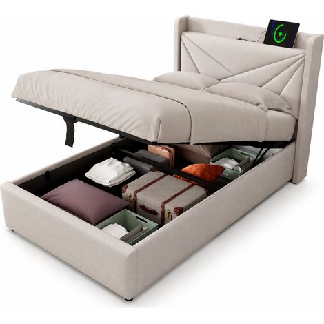 Lit simple 90x200 avec coffre de rangement, tête de lit USB Type-C, cadre en tissu beige, sommier à lattes et grande capacité, style géométrique, sans matelas- FLORAGRACE (1/5)