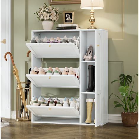 Zapatero estrecho con 3 puertas abatibles y 1 puerta lateral, 90x25x114 cm, blanco HAVRYA (1/5)