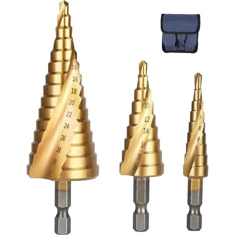 Step Drill Bit - HSS Titanium Coated - For Metal Wood Plastic - 4-12 mm 4-20 mm 4-32 mm - 3 Pieces