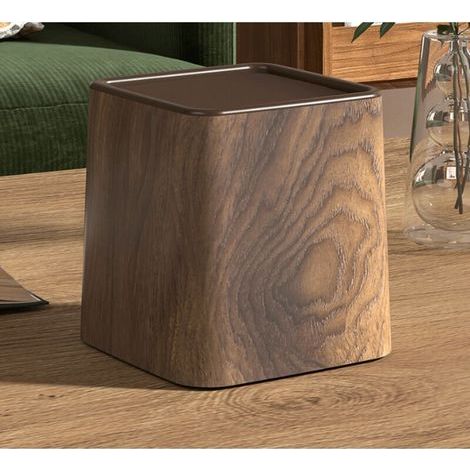 Retro Chinese Style Walnut Wood Effect Desktop Trash Can with Swing Lid, 4L PP Material, Compact Tabletop Trash Can for Hotel, Home, Kitchen, Bathroom, Living Room, Bedroom (1/4)
