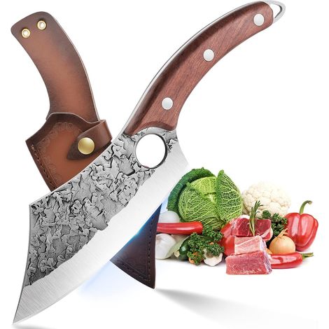 Chef Knife Kitchen Knife Carbon Steel Cutting Butcher Cleaver Meat Knife Fruit Vegetable with Leather Sheath for Camping (1/5)